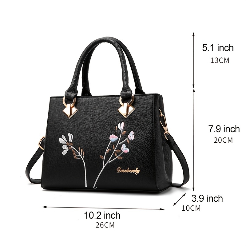 floral embroidery handbag trendy faux leather satchel bag womens office work purse details 0