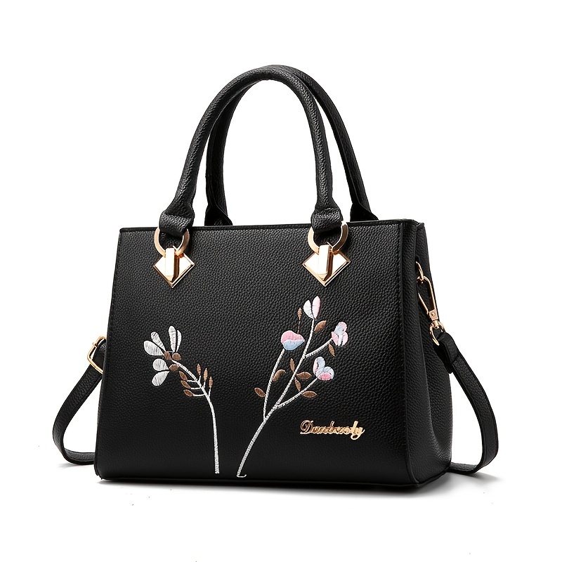 floral embroidery handbag trendy faux leather satchel bag womens office work purse details 4