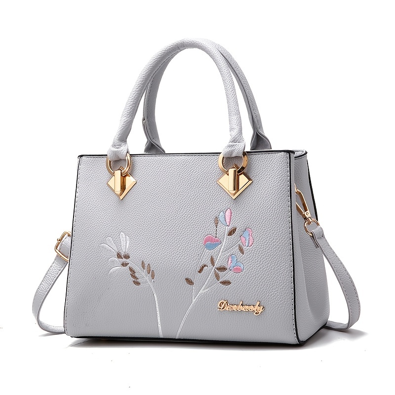 floral embroidery handbag trendy faux leather satchel bag womens office work purse details 6