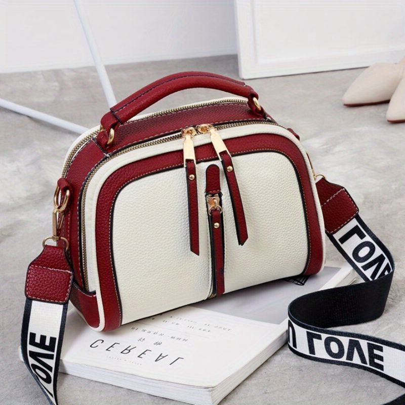 small color contrast handbag wide strap crossbody bag trendy multi layer purses for women details 0