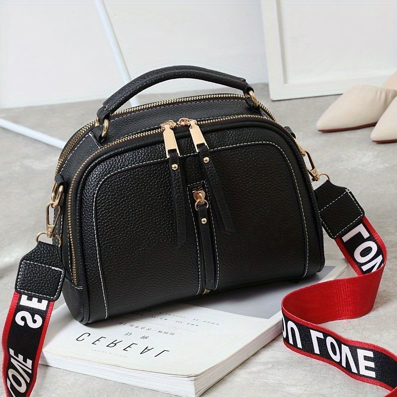 small color contrast handbag wide strap crossbody bag trendy multi layer purses for women details 1