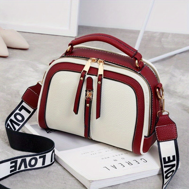 small color contrast handbag wide strap crossbody bag trendy multi layer purses for women details 2