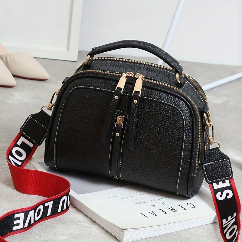 small color contrast handbag wide strap crossbody bag trendy multi layer purses for women details 3