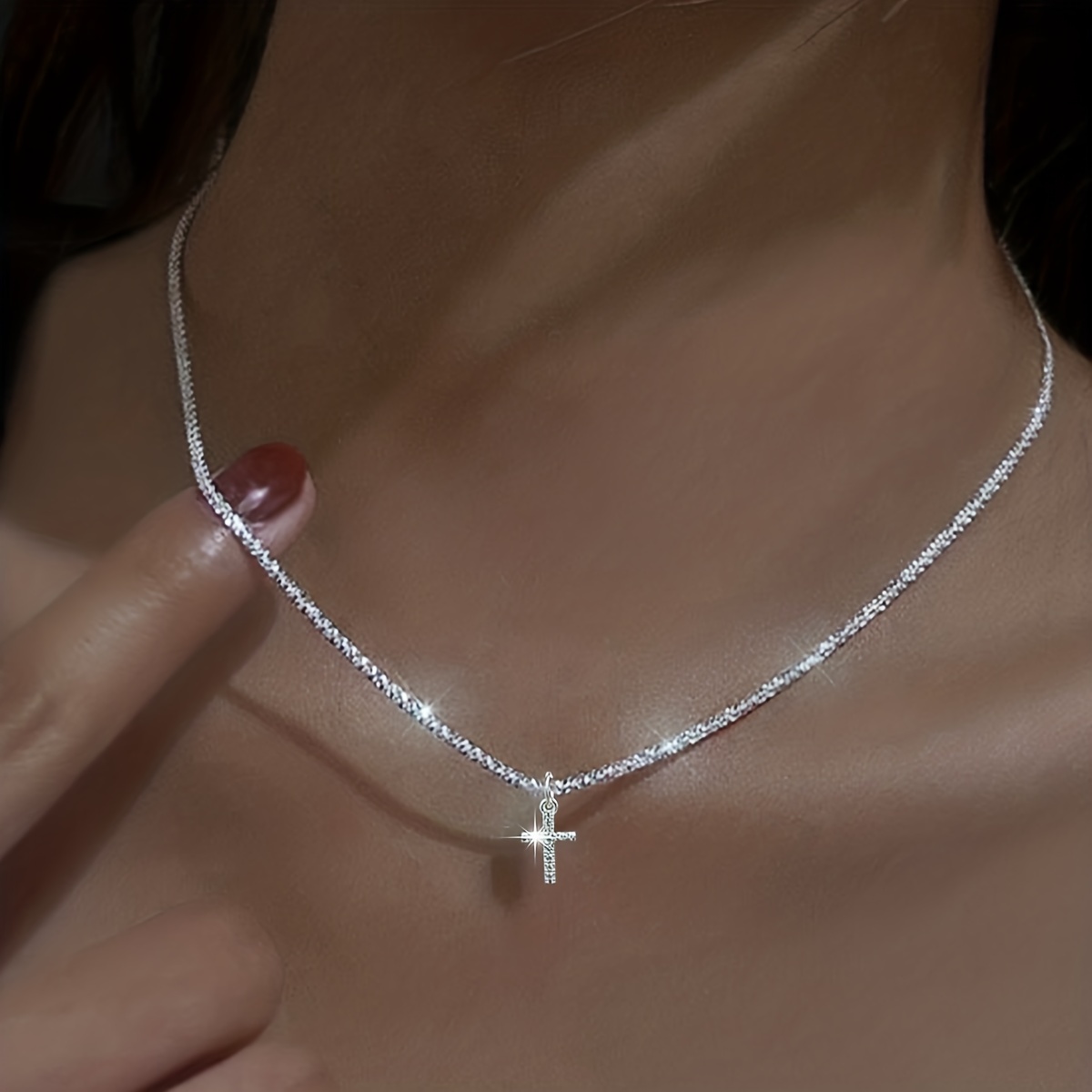 sparkling square cross zircon pendant necklace for women girls elegant jewelry details 1