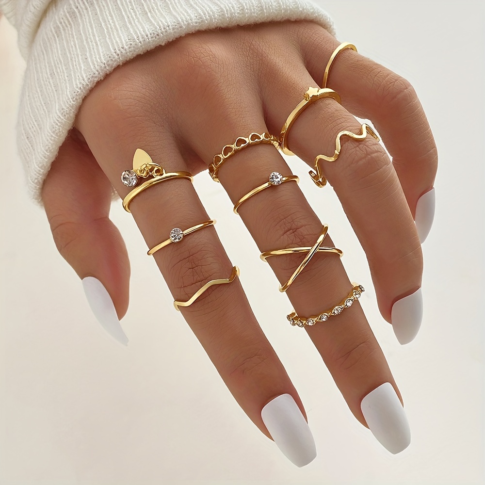 10pcs y2k ring set trendy heart star wave pattern vintage jewelry for girls daily outfits mix and match for various scenes details 0