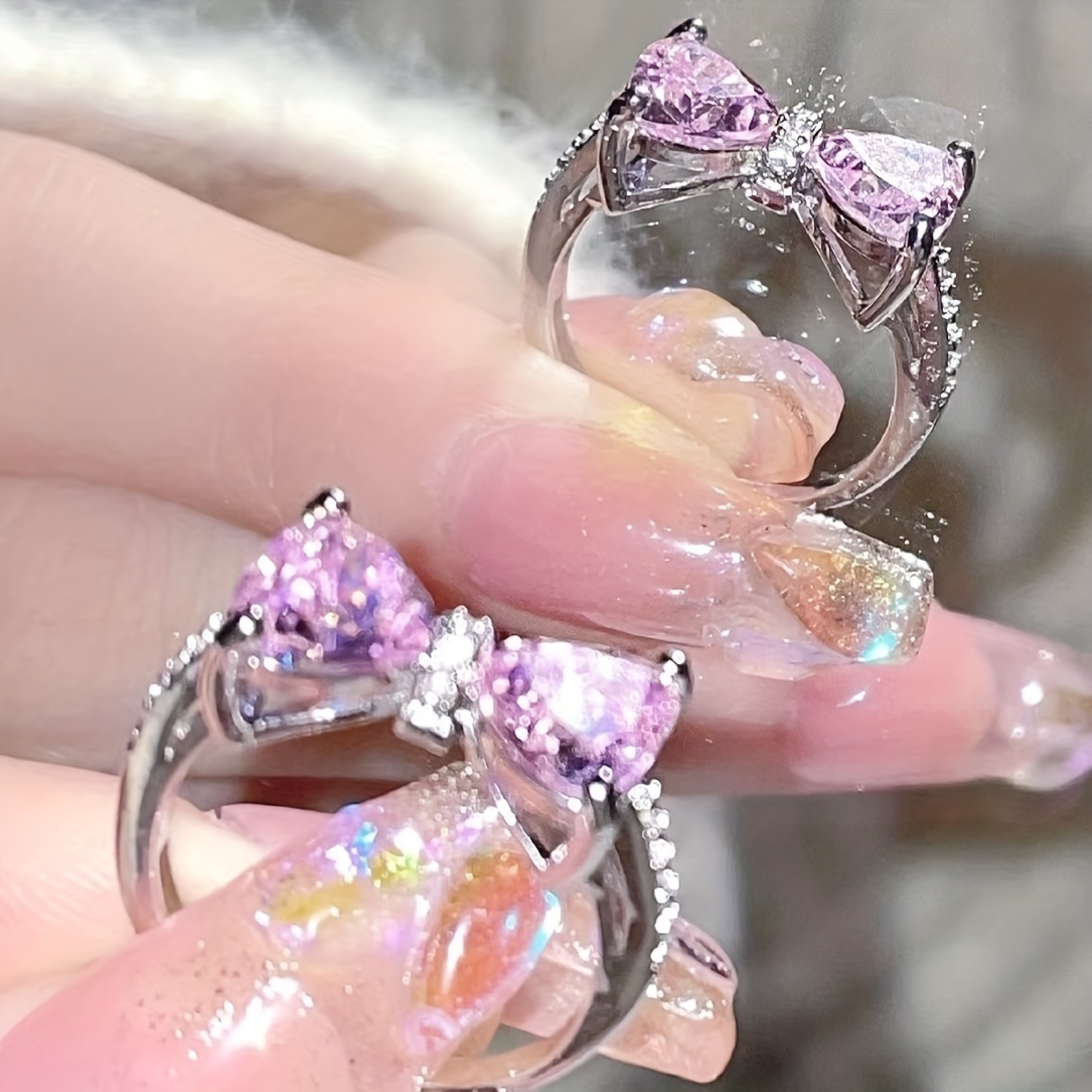 1pc y2k style ring trendy bow knot design inlaid pink zircon adjustable jewelry match daily outfits sweet gift for girls details 2