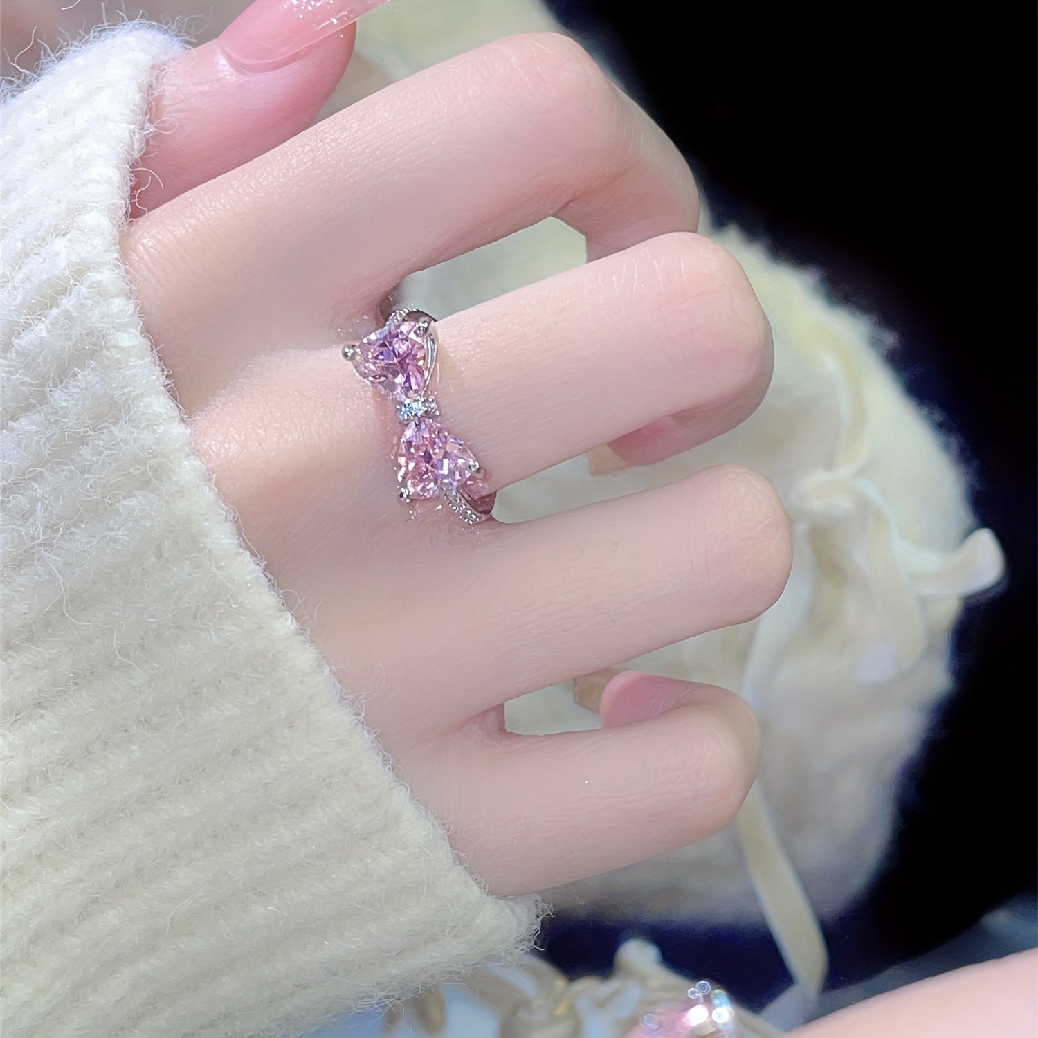 1pc y2k style ring trendy bow knot design inlaid pink zircon adjustable jewelry match daily outfits sweet gift for girls details 5