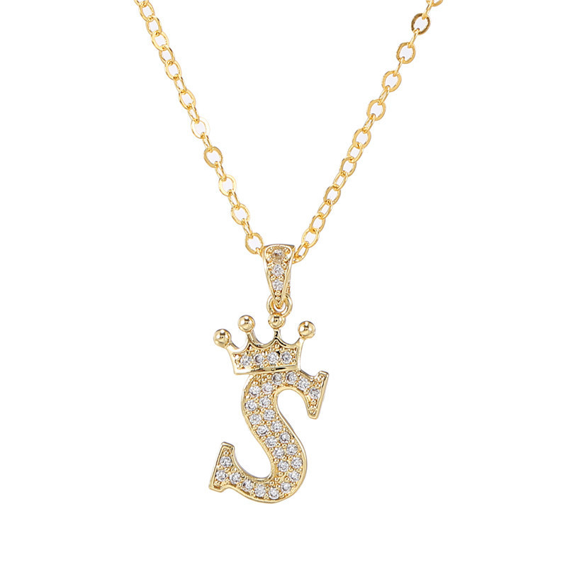 elegant zircon crown initial english letter pendant ladies necklace neck chain sweater chain gift details 24