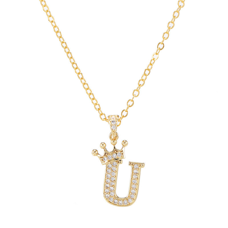 elegant zircon crown initial english letter pendant ladies necklace neck chain sweater chain gift details 26