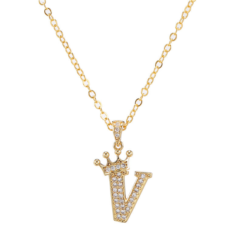 elegant zircon crown initial english letter pendant ladies necklace neck chain sweater chain gift details 27