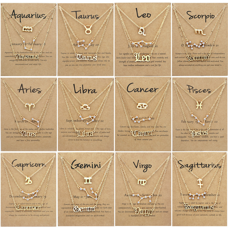 3 pack vintage zodiac alphabet symbols rhinestone clavicle chain necklaces details 0