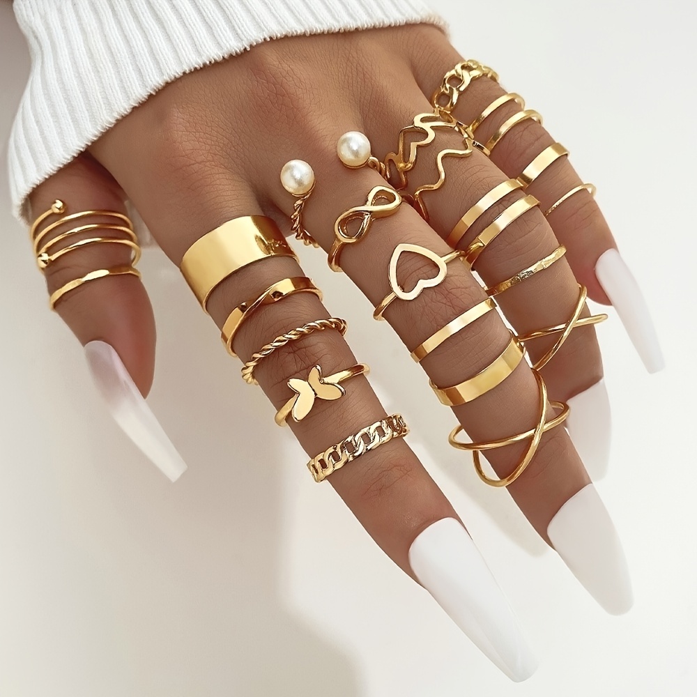 22pcs personality exaggerated golden silver color twist wave love pattern rings womens joint ring set party favors details 1