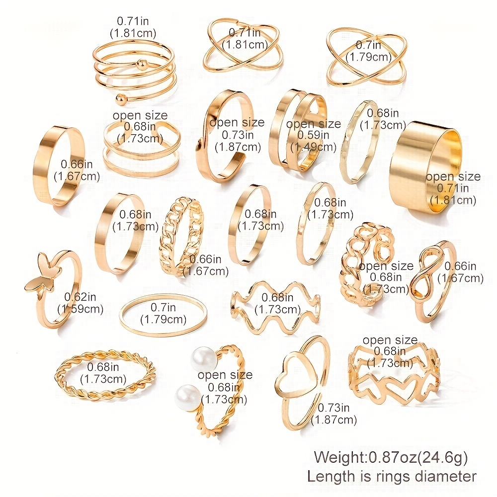 22pcs personality exaggerated golden silver color twist wave love pattern rings womens joint ring set party favors details 3