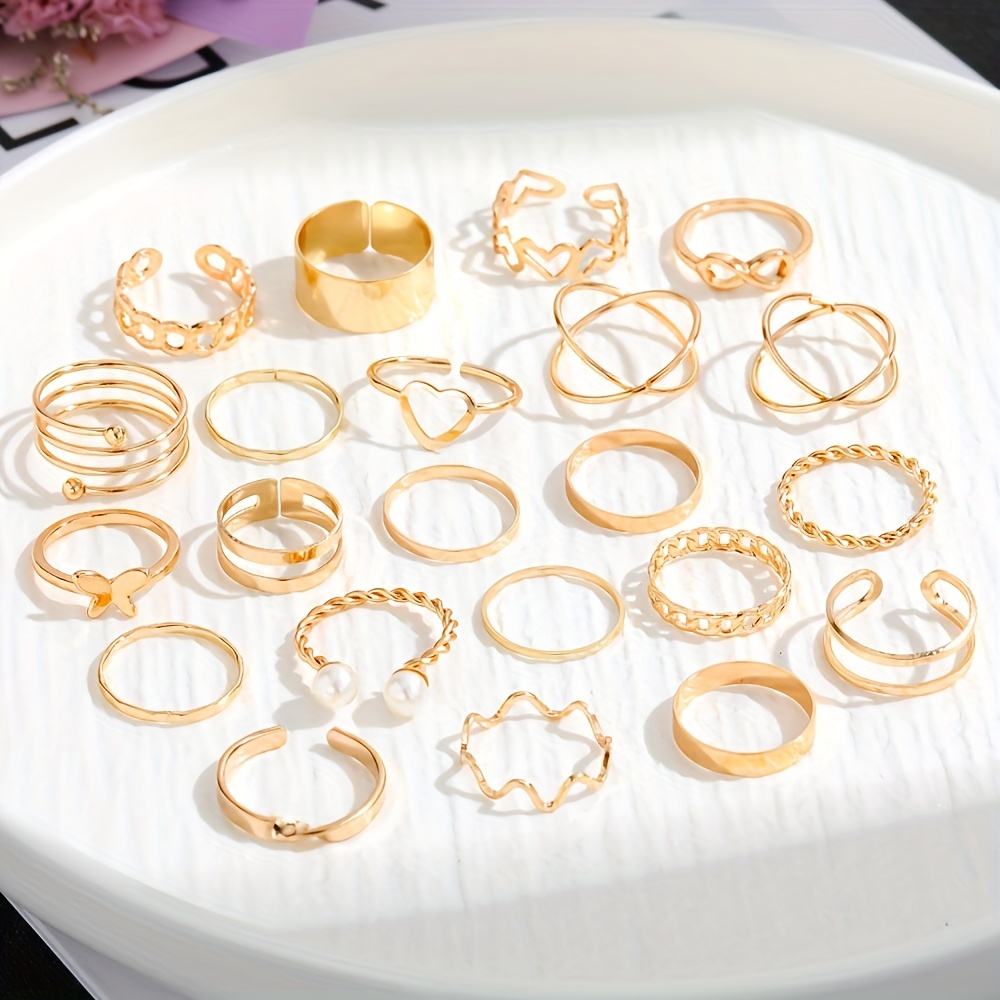 22pcs personality exaggerated golden silver color twist wave love pattern rings womens joint ring set party favors details 6