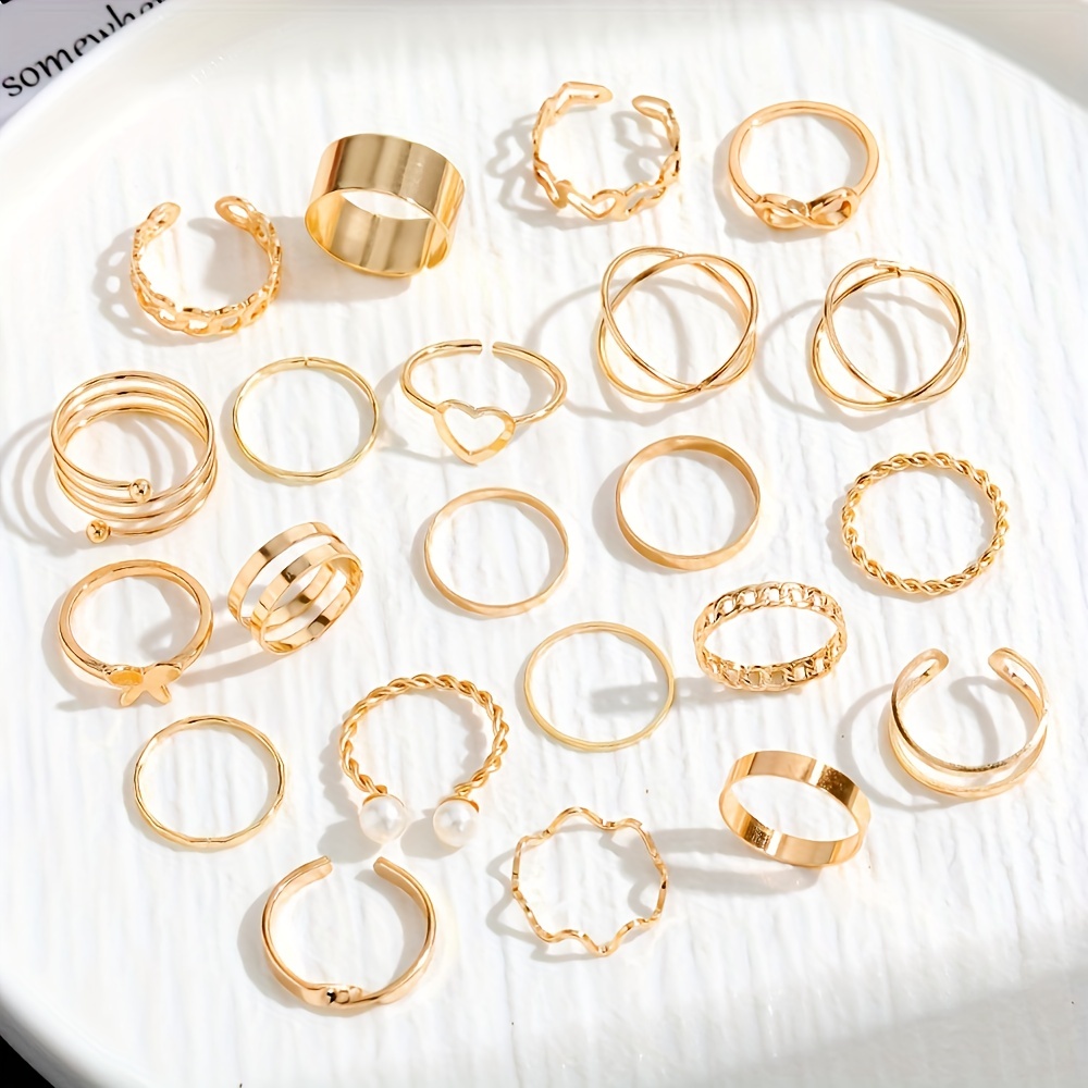 22pcs personality exaggerated golden silver color twist wave love pattern rings womens joint ring set party favors details 7