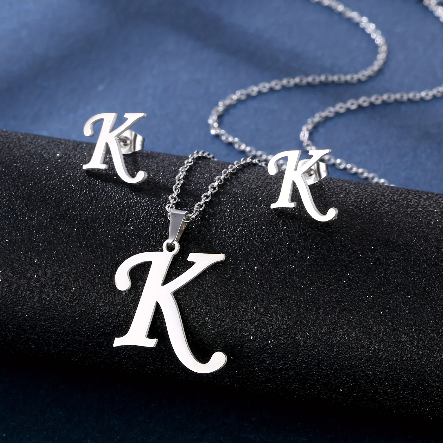 simple 26 initial letter alphabet necklace earring set glossy stainless steel collarbone chain ladies birthday gift details 6