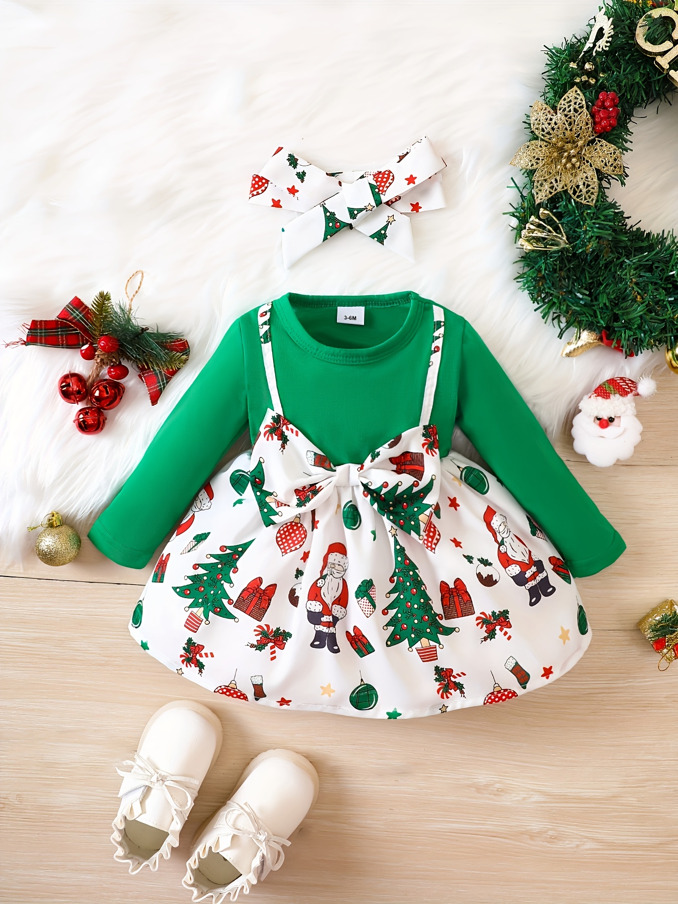 baby girl christmas cute bow snowflake print dress two piece headscarf set details 0