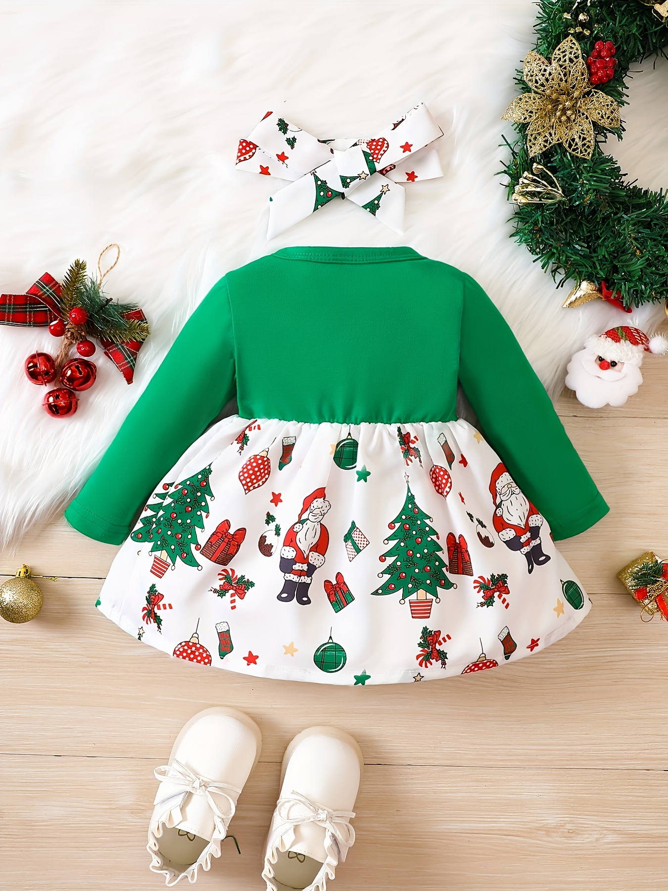 baby girl christmas cute bow snowflake print dress two piece headscarf set details 3