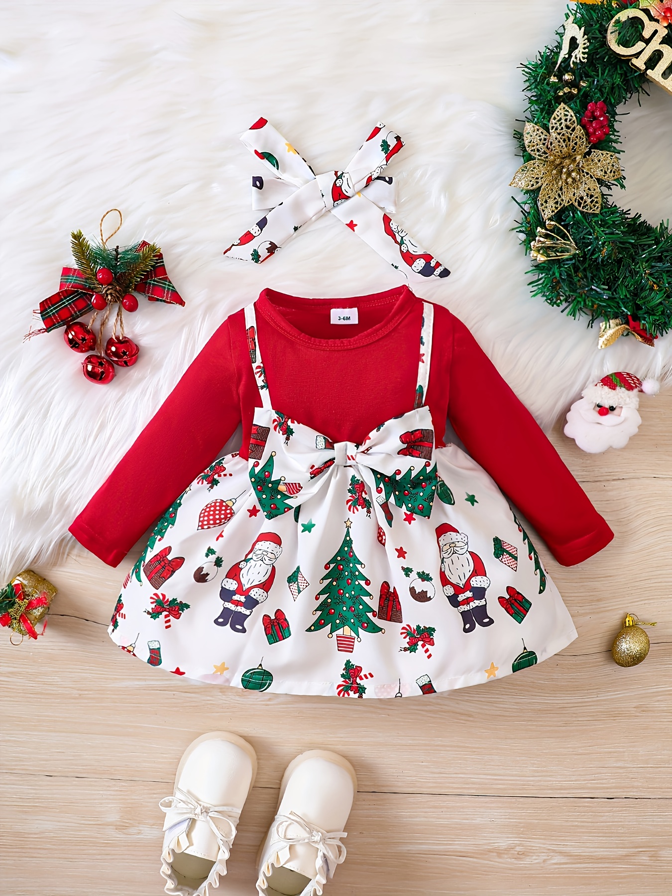 baby girl christmas cute bow snowflake print dress two piece headscarf set details 6