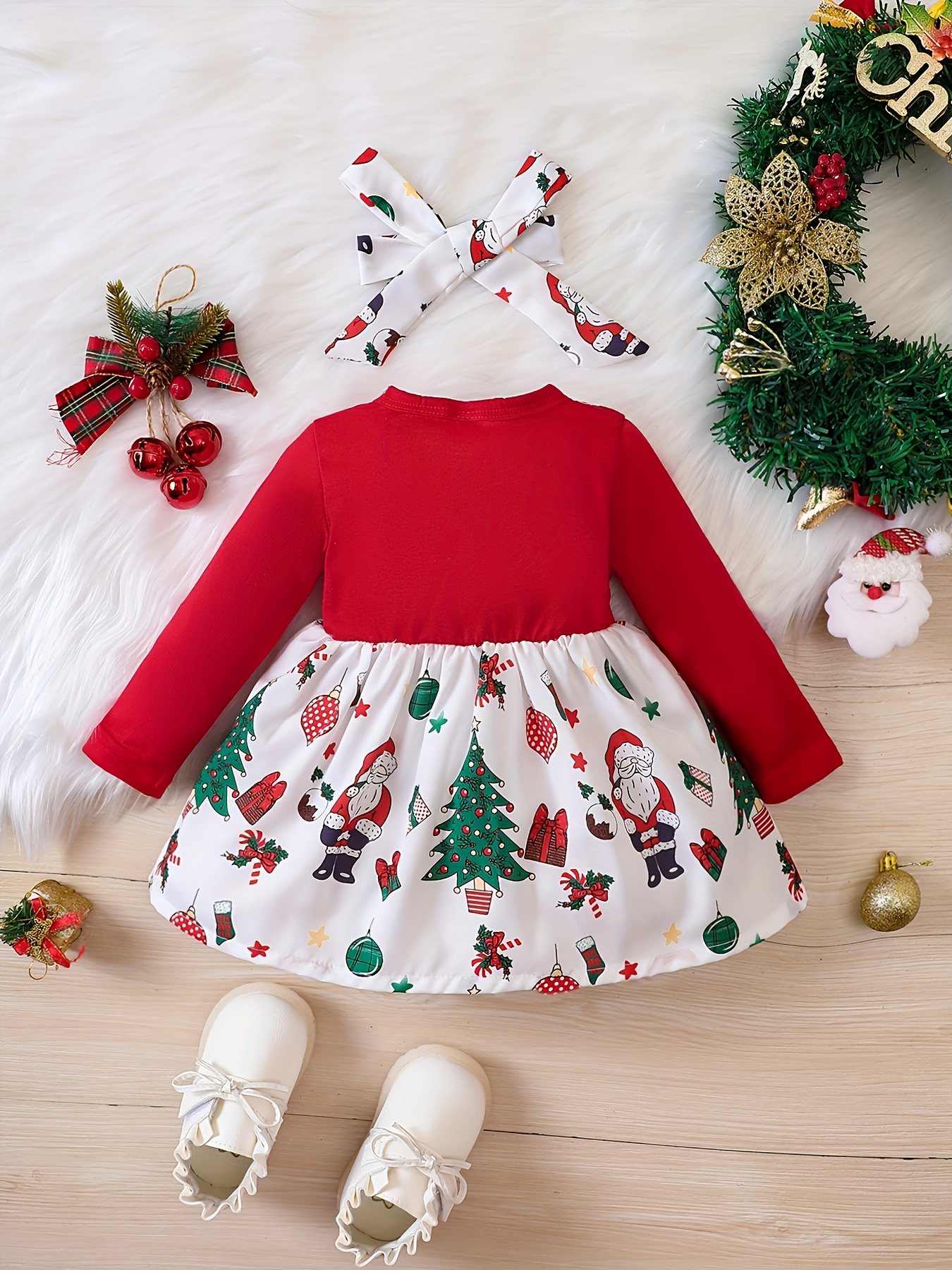 baby girl christmas cute bow snowflake print dress two piece headscarf set details 9