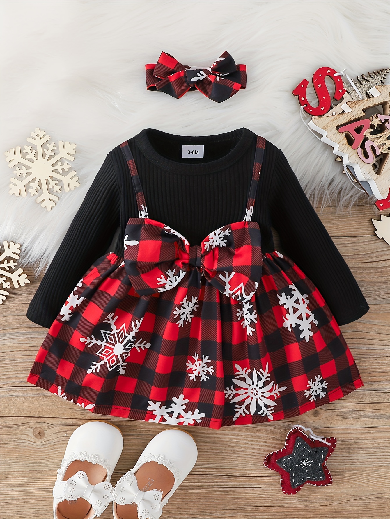 baby girl christmas cute bow snowflake print dress two piece headscarf set details 12