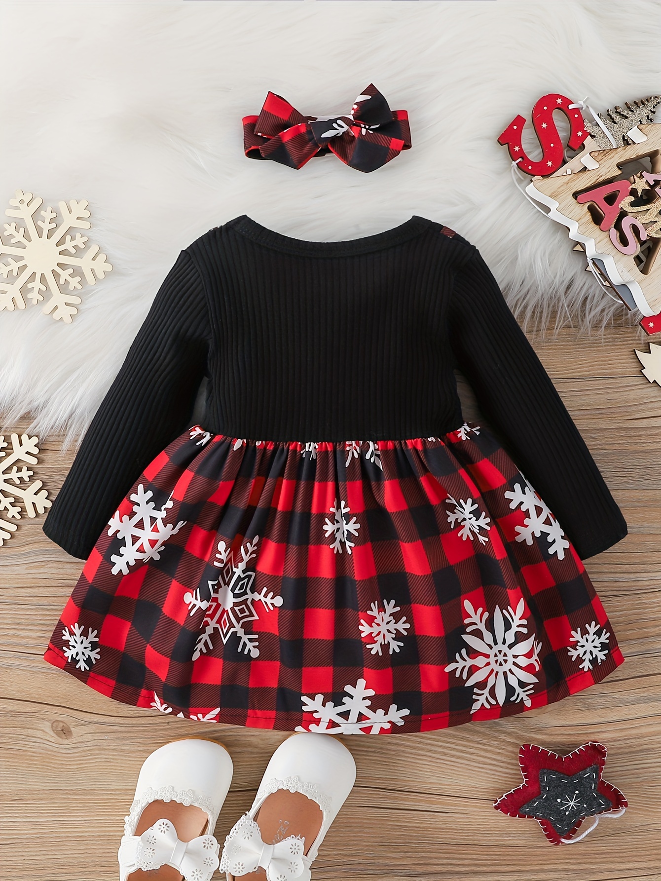 baby girl christmas cute bow snowflake print dress two piece headscarf set details 15