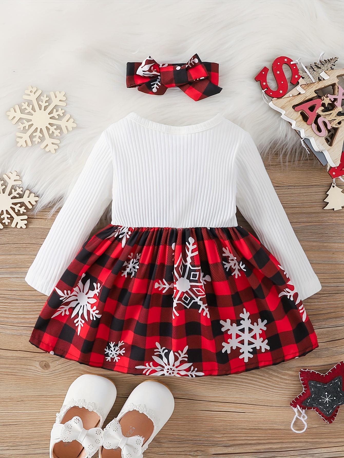 baby girl christmas cute bow snowflake print dress two piece headscarf set details 18