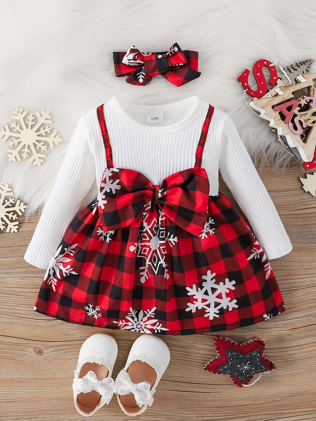 baby girl christmas cute bow snowflake print dress two piece headscarf set details 21