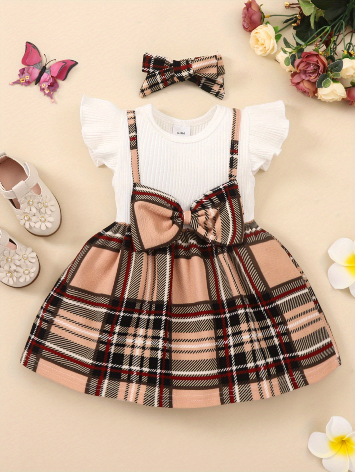 2pcs infant baby girls splicing suspender dress fly sleeve bow plaid dress headband set toddler clothes details 0