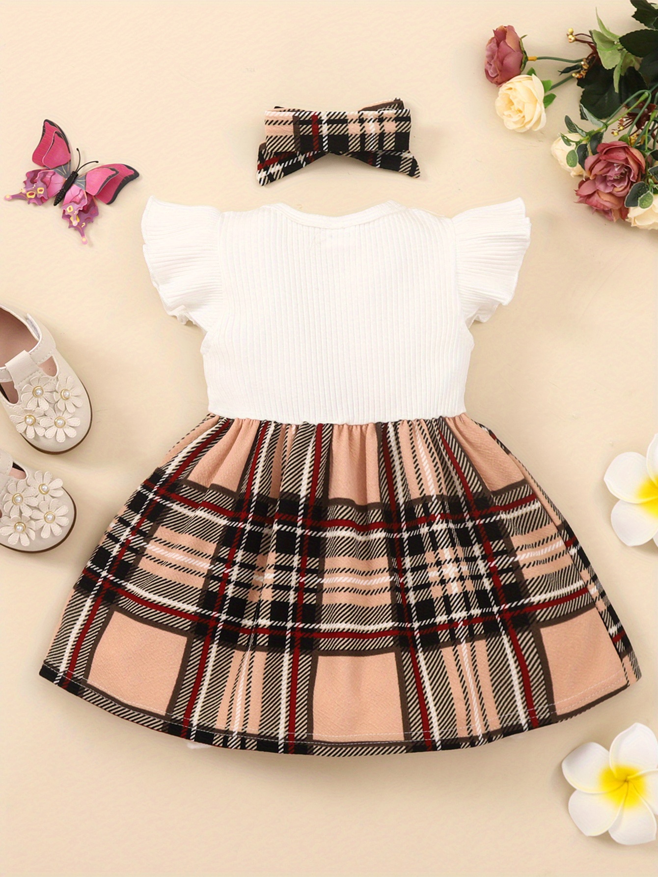 2pcs infant baby girls splicing suspender dress fly sleeve bow plaid dress headband set toddler clothes details 2