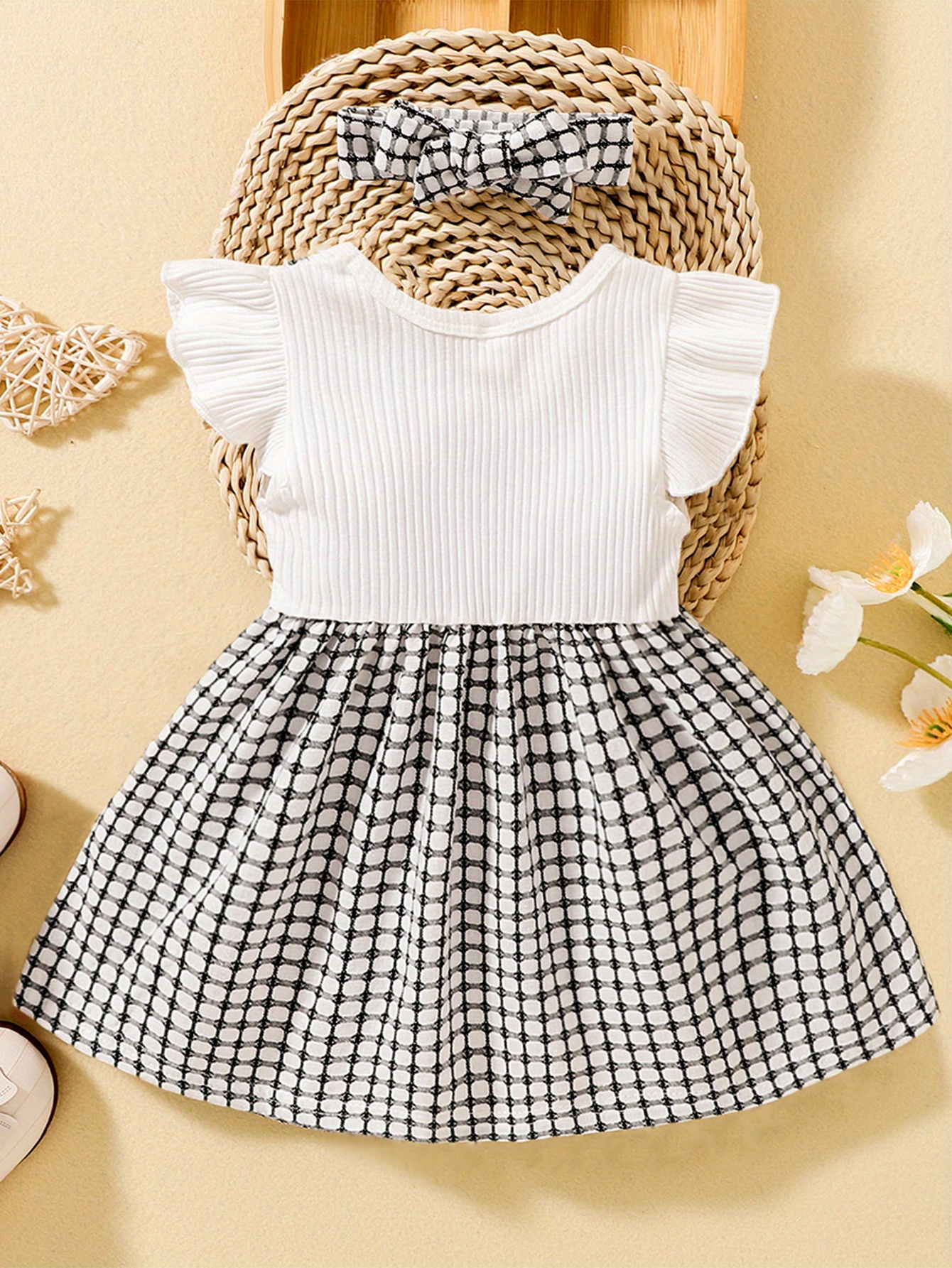 2pcs infant baby girls splicing suspender dress fly sleeve bow plaid dress headband set toddler clothes details 3