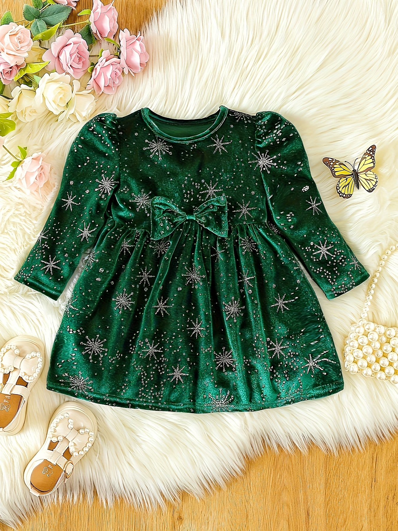 toddler baby girls cute warm velvet pleated bow dress long sleeve dress christmas party dress details 0