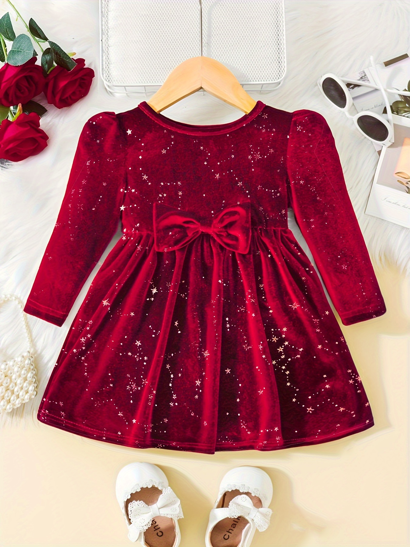 toddler baby girls cute warm velvet pleated bow dress long sleeve dress christmas party dress details 7