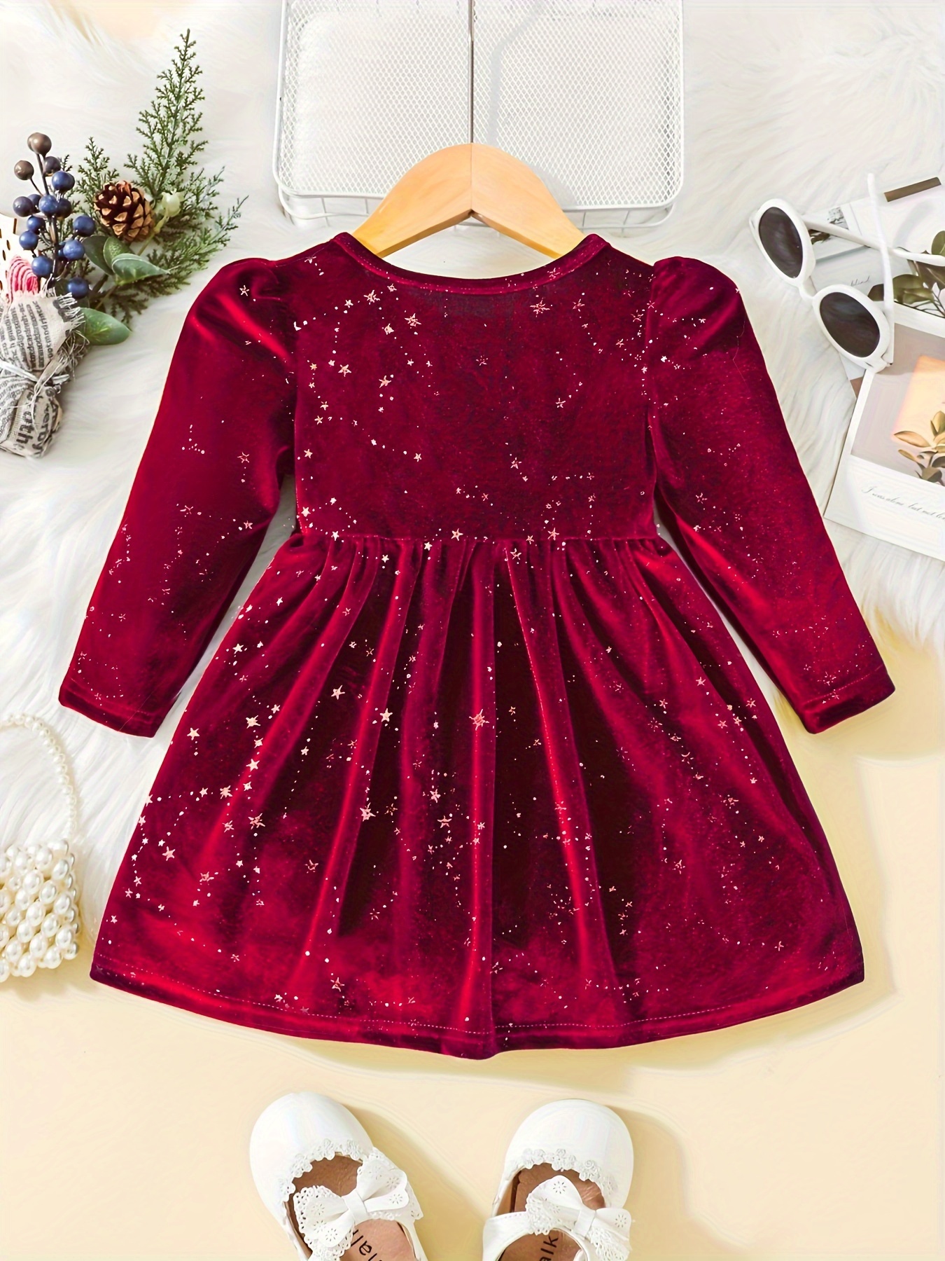 toddler baby girls cute warm velvet pleated bow dress long sleeve dress christmas party dress details 8