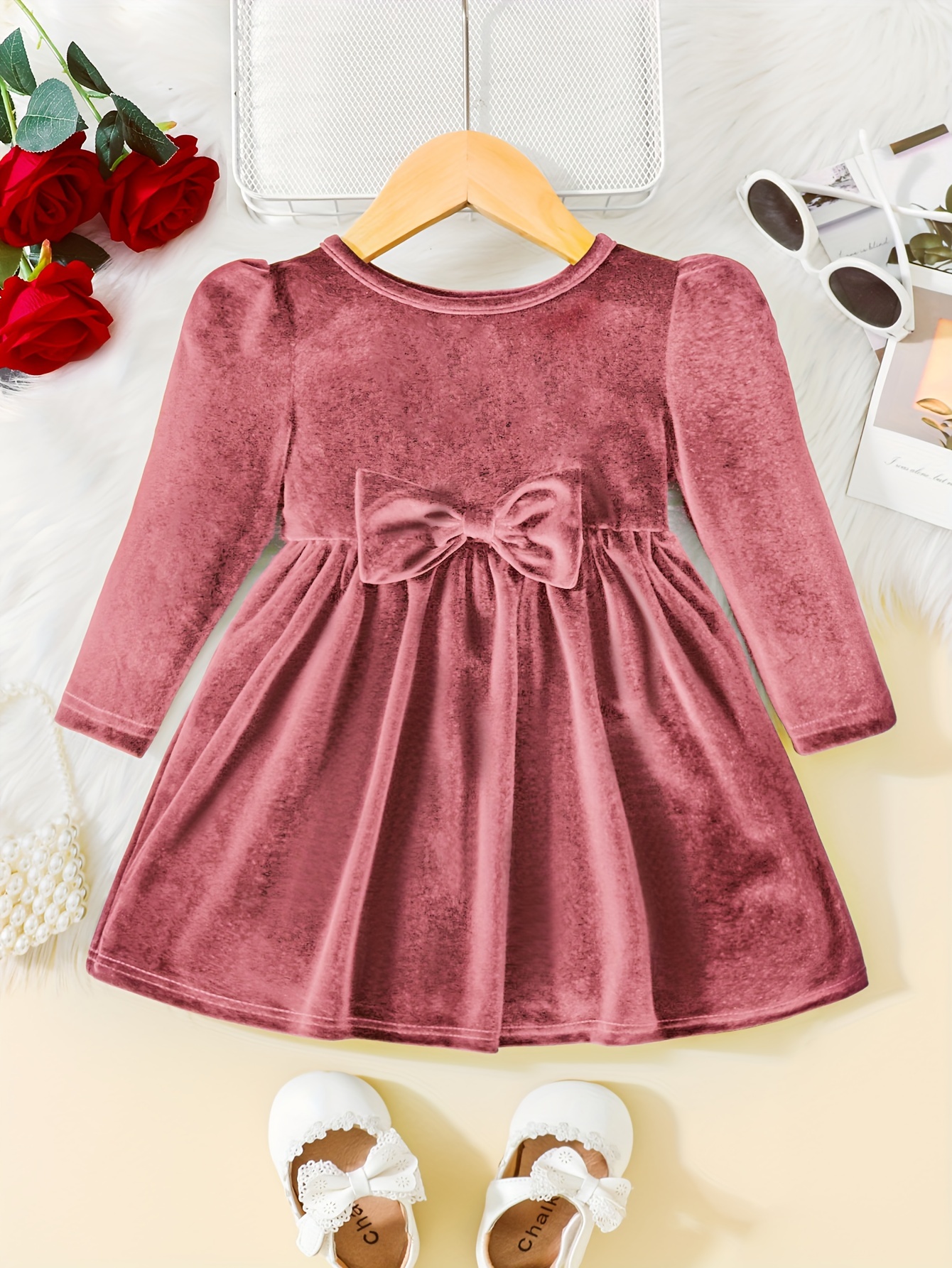 toddler baby girls cute warm velvet pleated bow dress long sleeve dress christmas party dress details 12