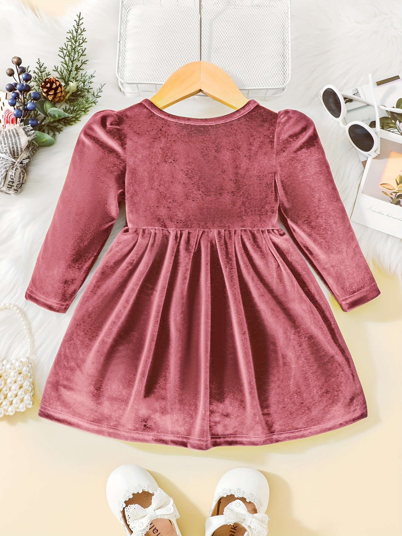 toddler baby girls cute warm velvet pleated bow dress long sleeve dress christmas party dress details 16