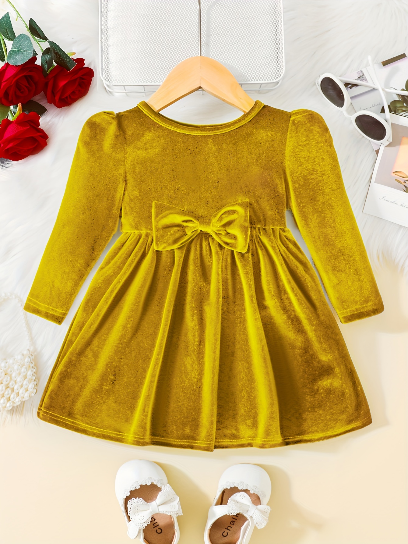 toddler baby girls cute warm velvet pleated bow dress long sleeve dress christmas party dress details 19