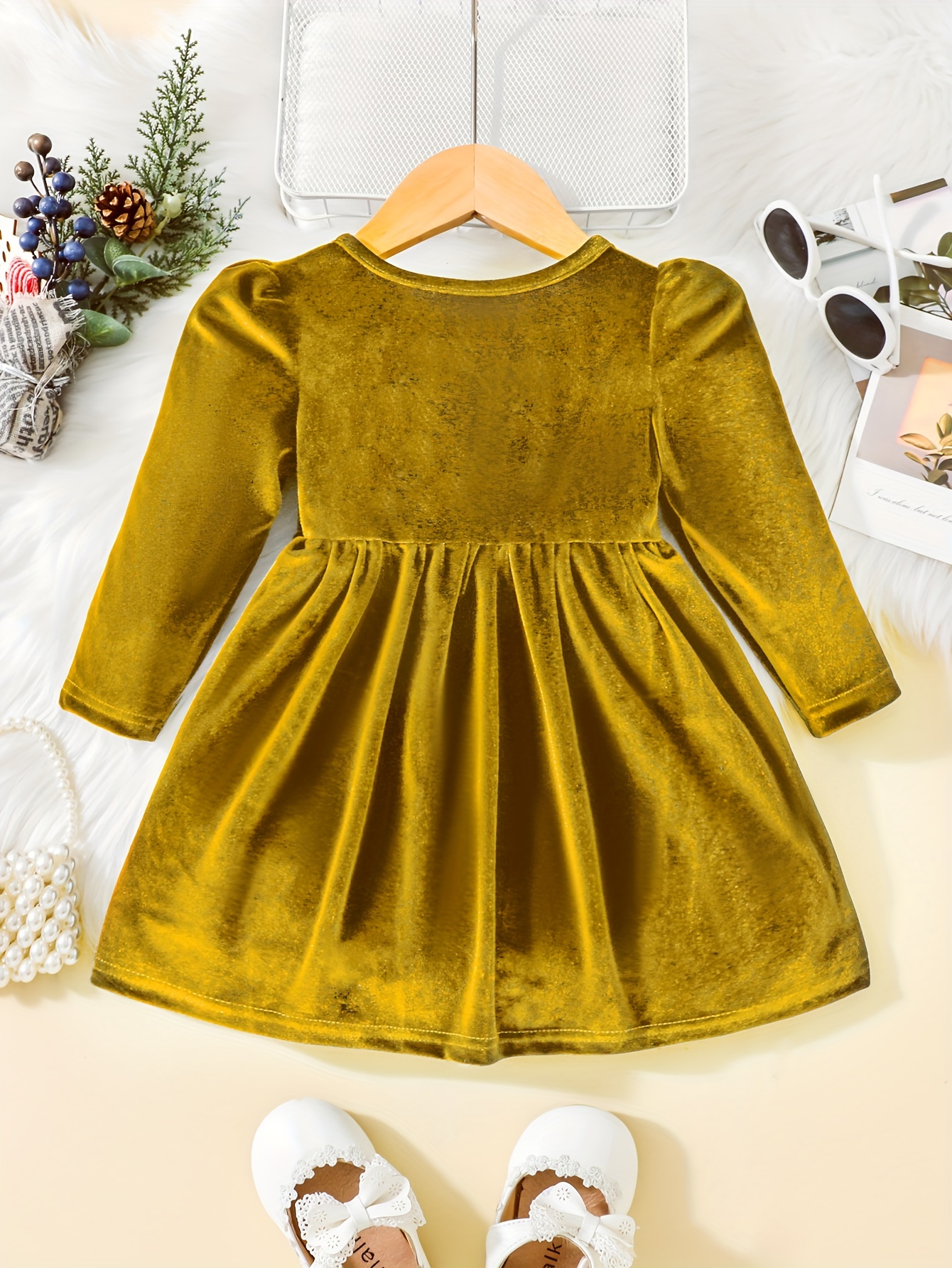 toddler baby girls cute warm velvet pleated bow dress long sleeve dress christmas party dress details 23