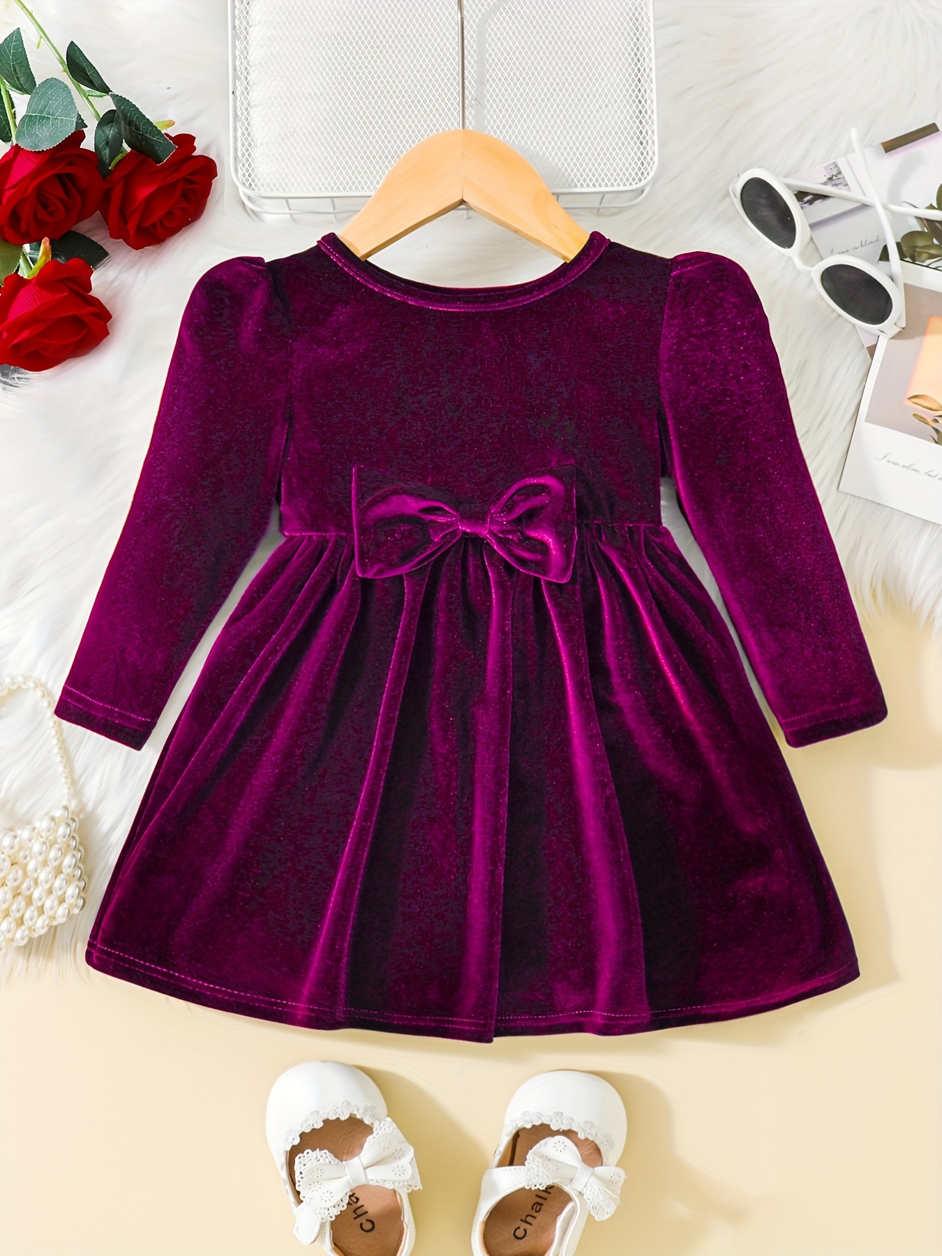 toddler baby girls cute warm velvet pleated bow dress long sleeve dress christmas party dress details 33