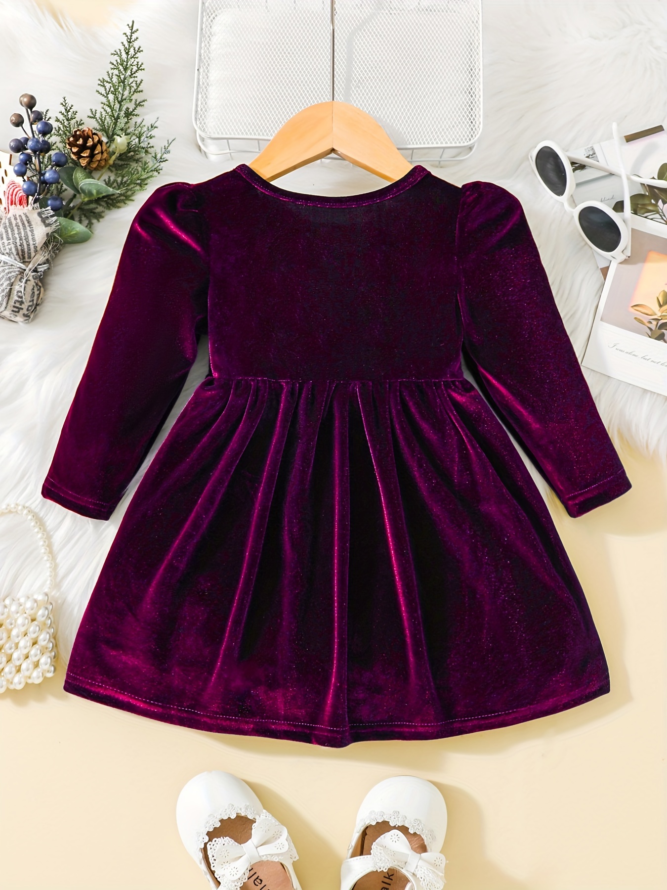 toddler baby girls cute warm velvet pleated bow dress long sleeve dress christmas party dress details 36