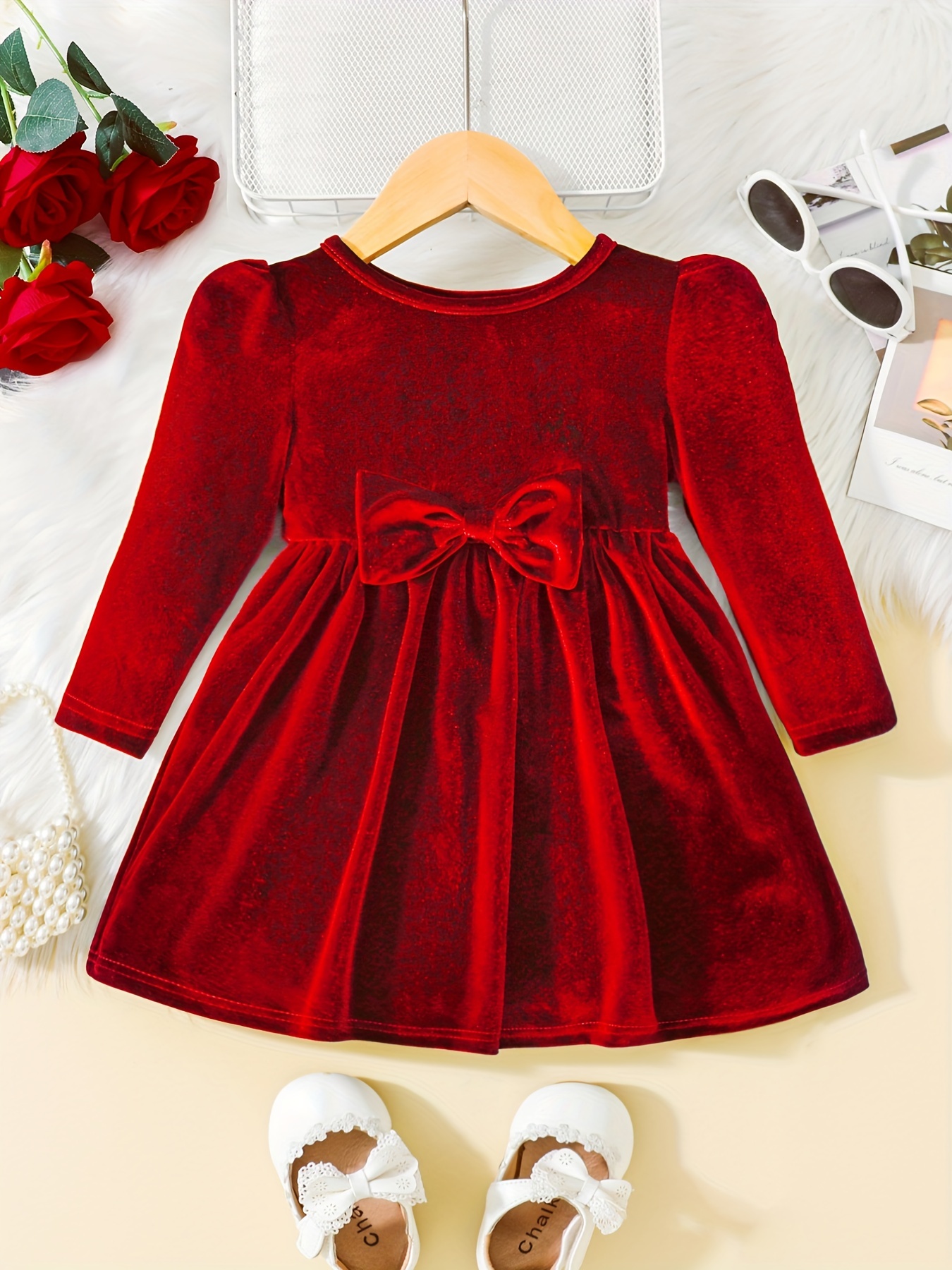 toddler baby girls cute warm velvet pleated bow dress long sleeve dress christmas party dress details 39