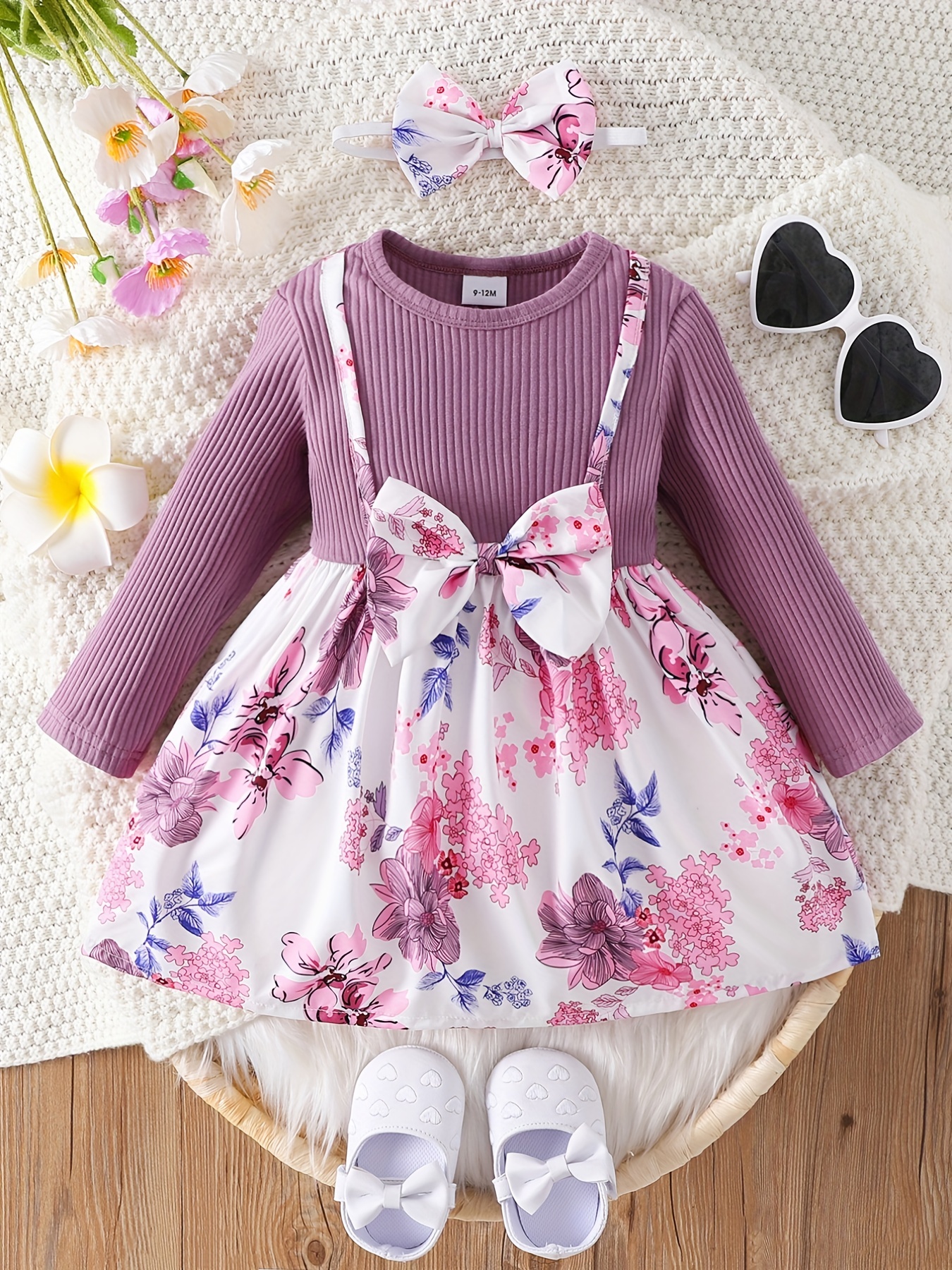 european and american baby girl fake two piece flower printed bow dress details 11