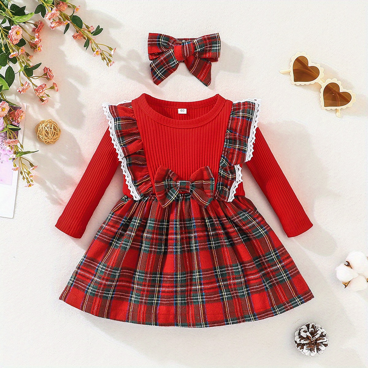 baby girls adorable ruffle trim plaid stitching long sleeve dress headband set details 6