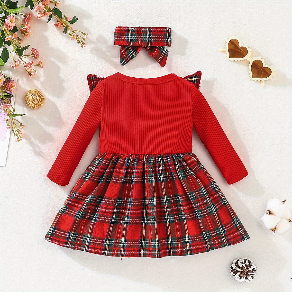 baby girls adorable ruffle trim plaid stitching long sleeve dress headband set details 7