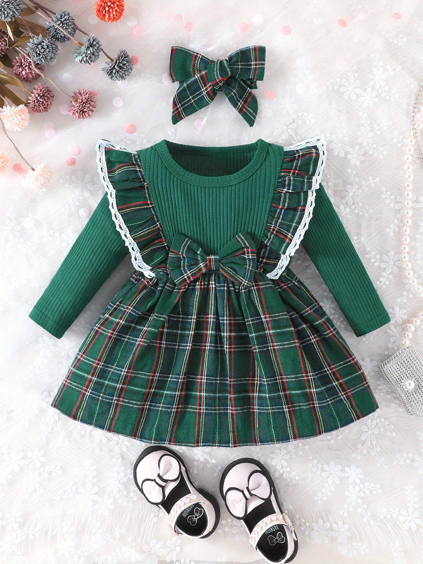 baby girls adorable ruffle trim plaid stitching long sleeve dress headband set details 12