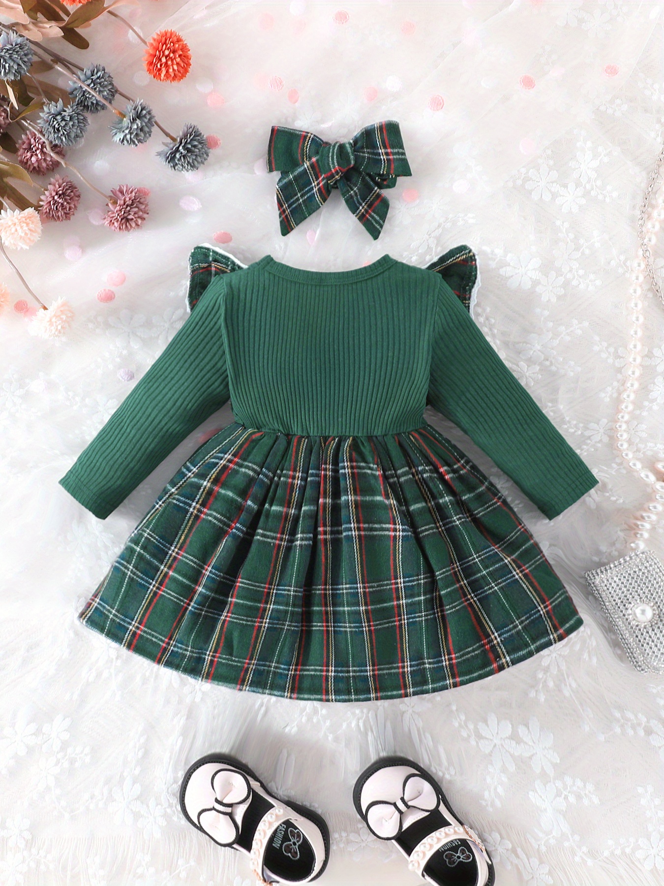 baby girls adorable ruffle trim plaid stitching long sleeve dress headband set details 13