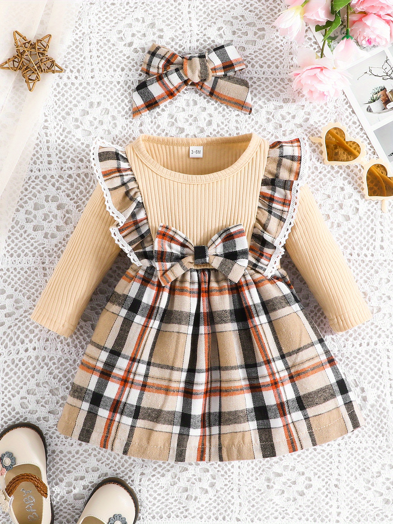 baby girls adorable ruffle trim plaid stitching long sleeve dress headband set details 18