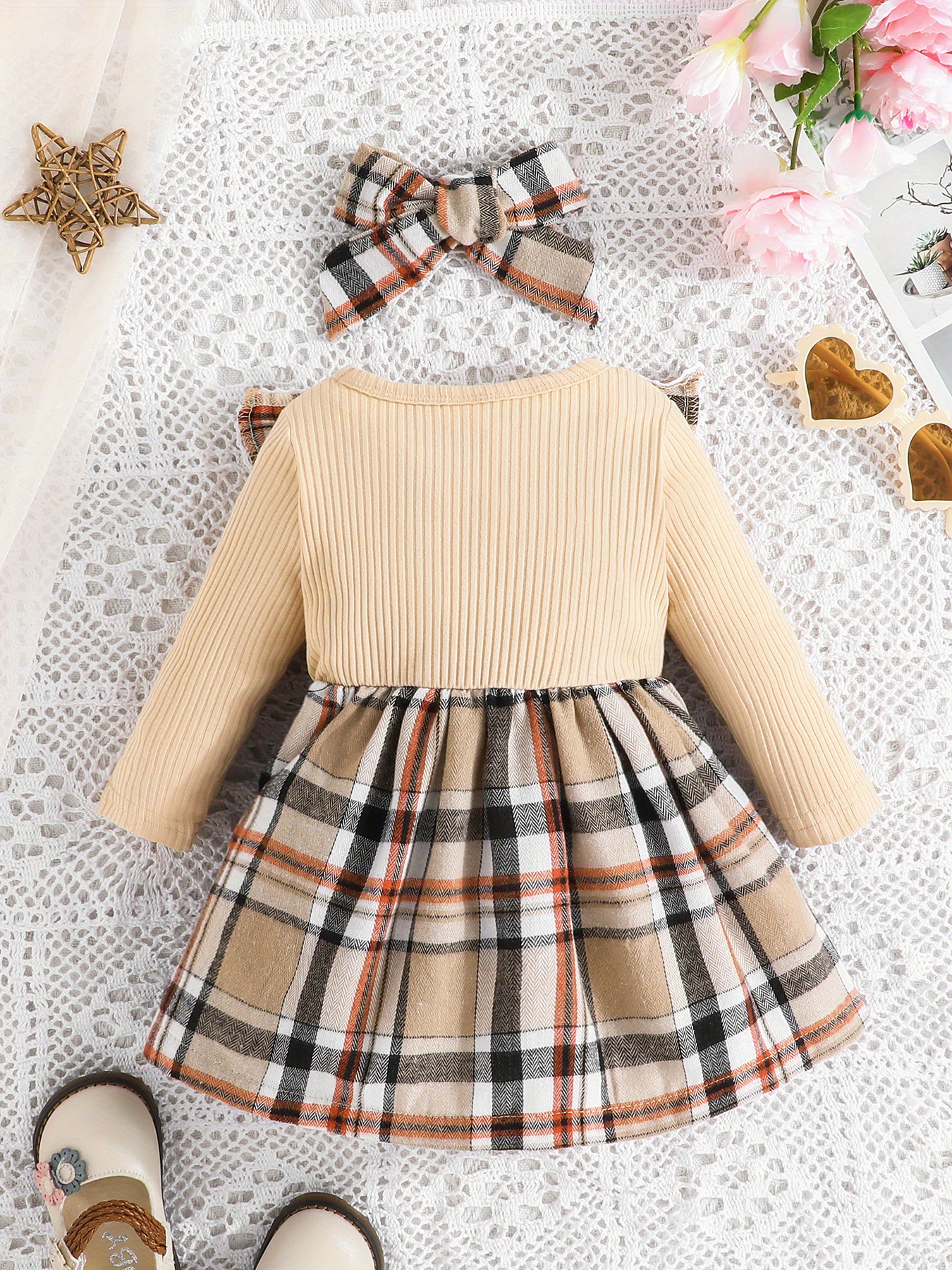 baby girls adorable ruffle trim plaid stitching long sleeve dress headband set details 19