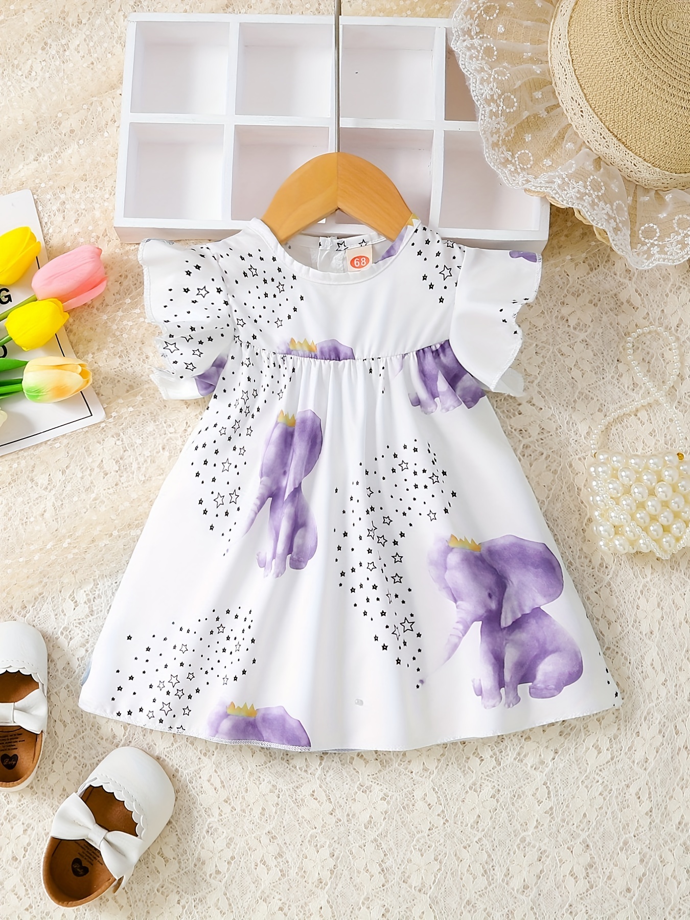 baby cute star elephant print small flutter sleeve dress comfy summer crew neck clothes details 0