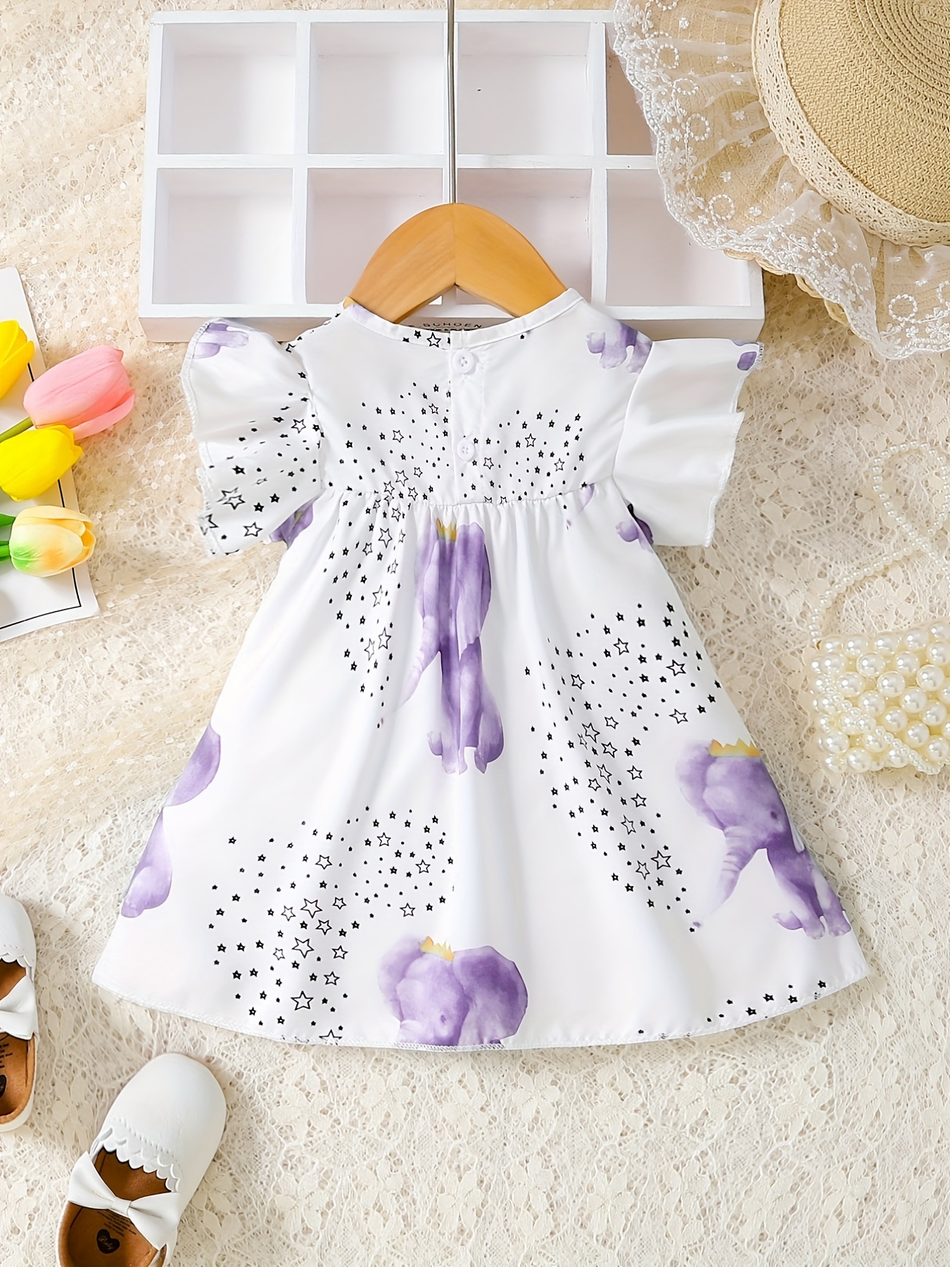 baby cute star elephant print small flutter sleeve dress comfy summer crew neck clothes details 4